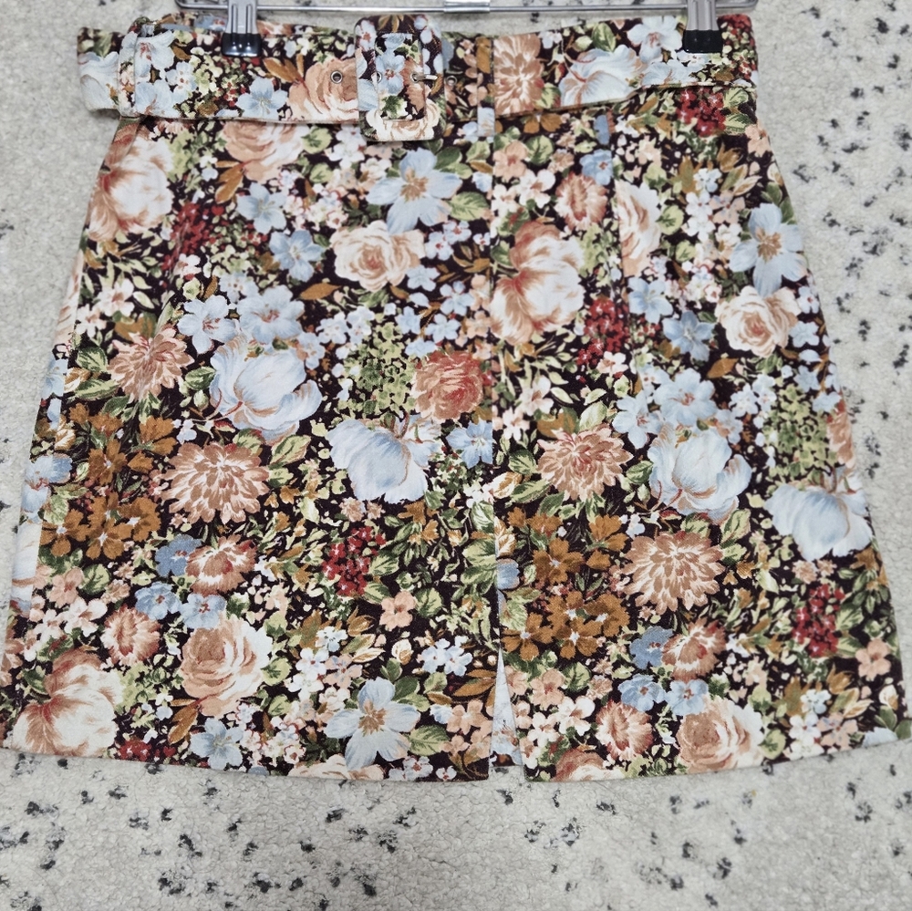 Floral A-Line Skirt with Belt - Multicolor